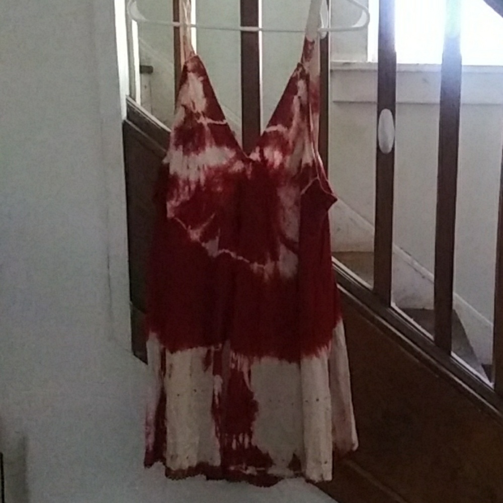 Spaghetti strap, tie dyed top, beading on bust and